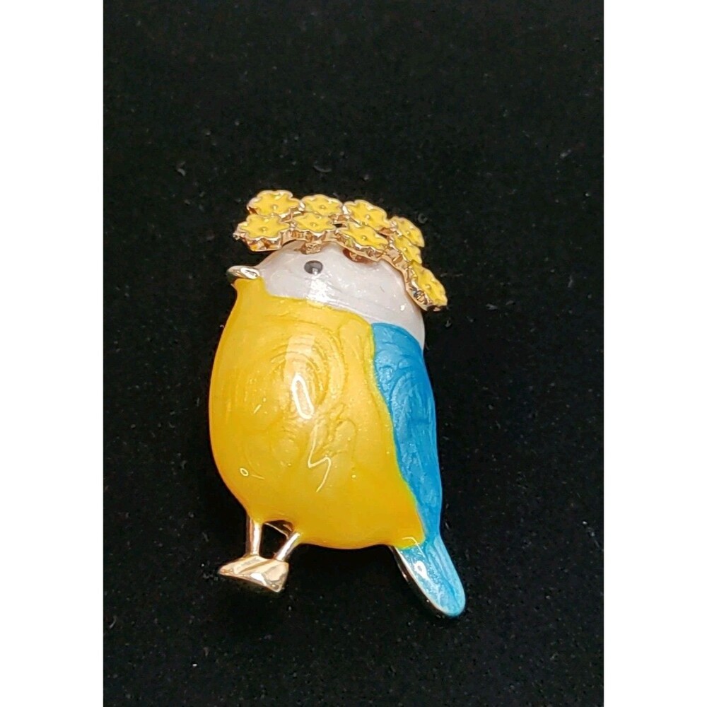 Yellow & Blue Enamel Chickadee Bird W/ Daisy Crown Brooch Hippie Style